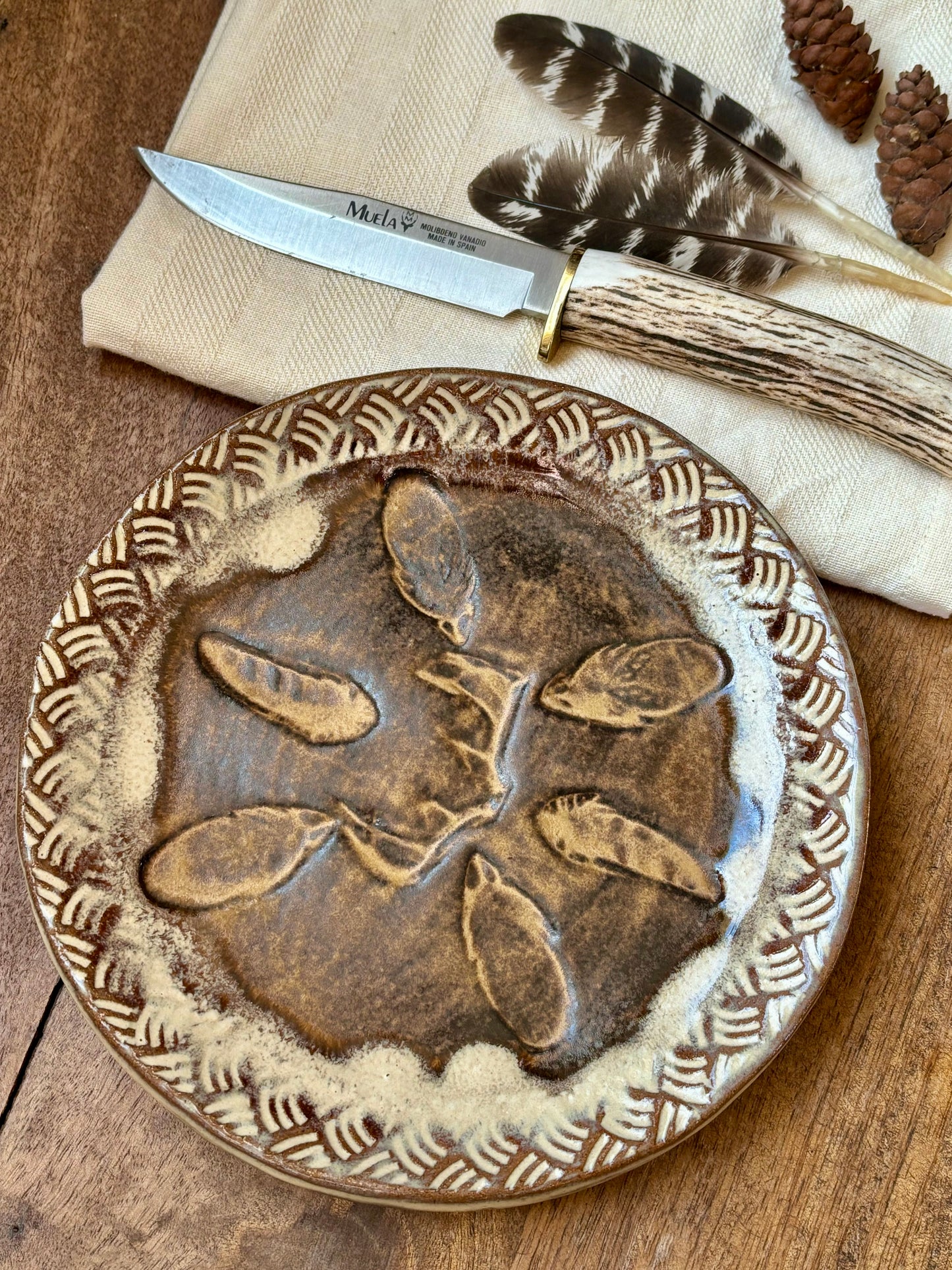 Rustic Antler & Feather Lunch/Sandwich Plate ~ 7” ~ Sedona Red & Brown Glaze