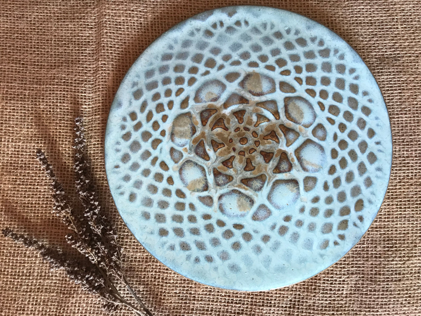 Rustic Antique Doily Trivet Turquoise and Brown ~ 7.5” Round