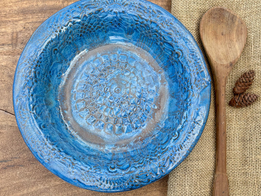 Rustic Antique Doily Serving & Baking Bowl ~ 12” Diameter ~ 2.5” Depth~ True Blue