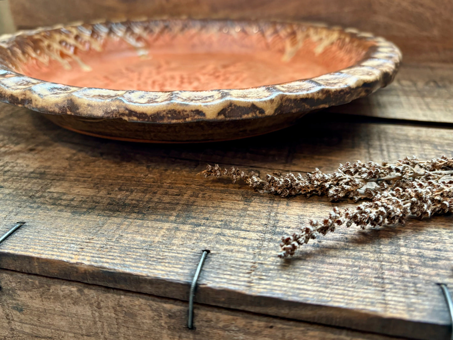 Rustic Wild Grasses & Basketweave Pie Dish ~ 10” ~ Coral, Gold & Brown Glaze