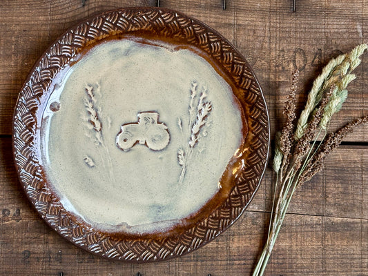 Rustic Wild Grasses & Tractor Dinner Plate ~ 10” ~ Birch & Brown Glaze