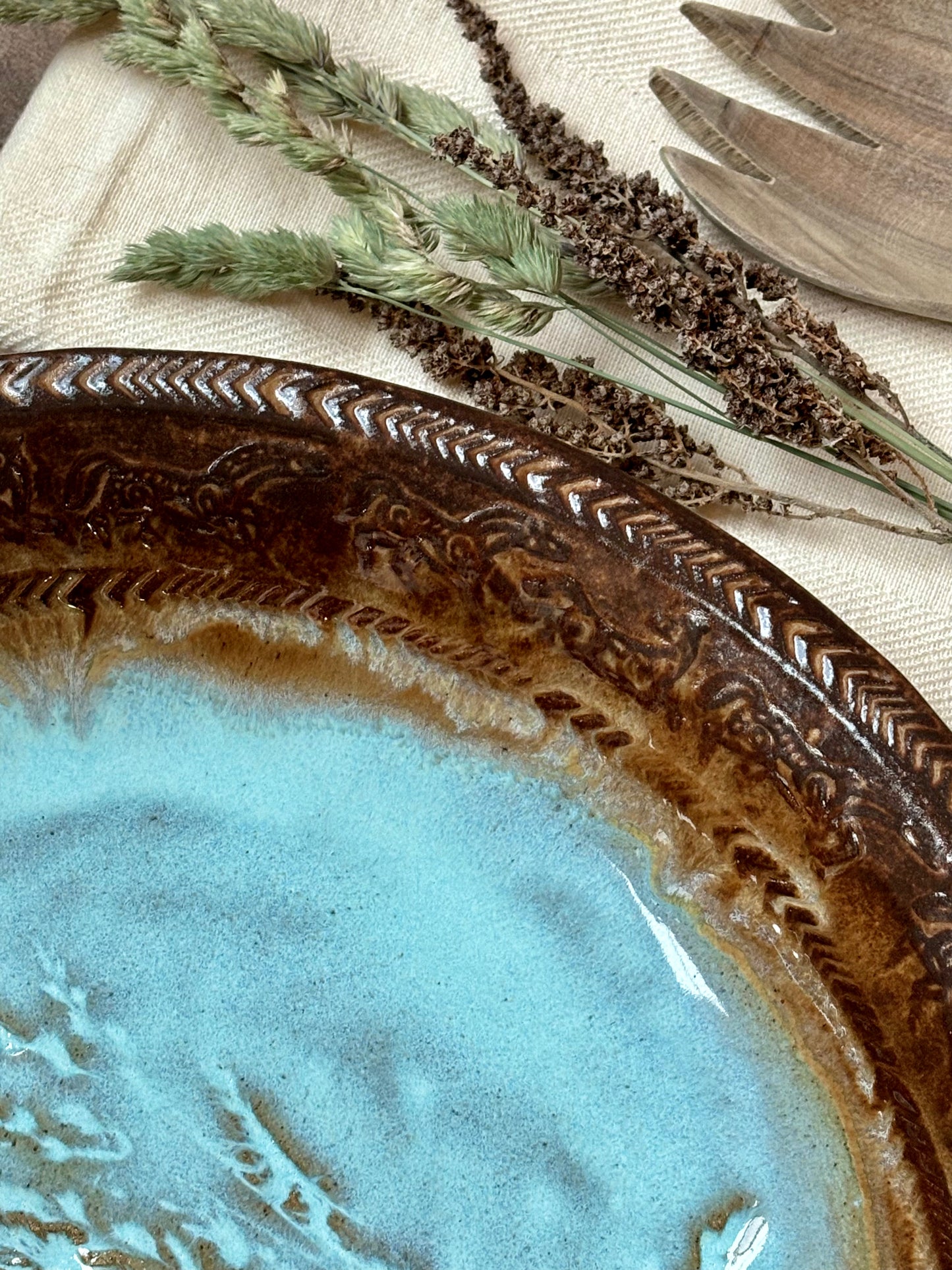 Rustic Wild Mustang & Grasses Serving & Baking Bowl ~ 12.5” Diameter ~ 1.75” Depth~ Turquoise & Brown