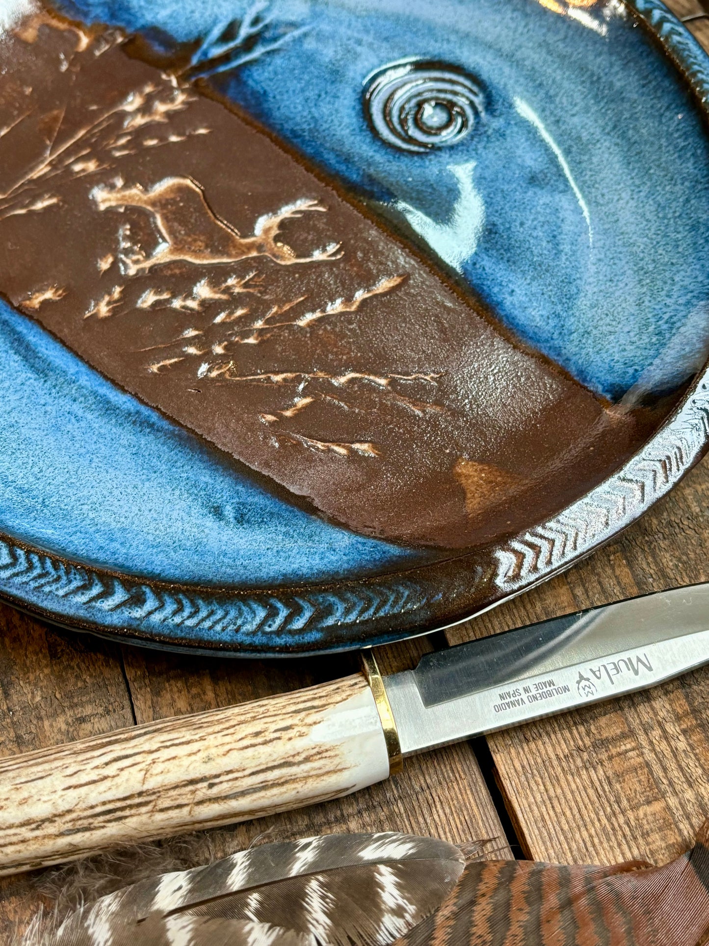 Rustic Wild Buck in Vermont Moonlight Dinner Plate ~ 10” ~ River Blue & Brown