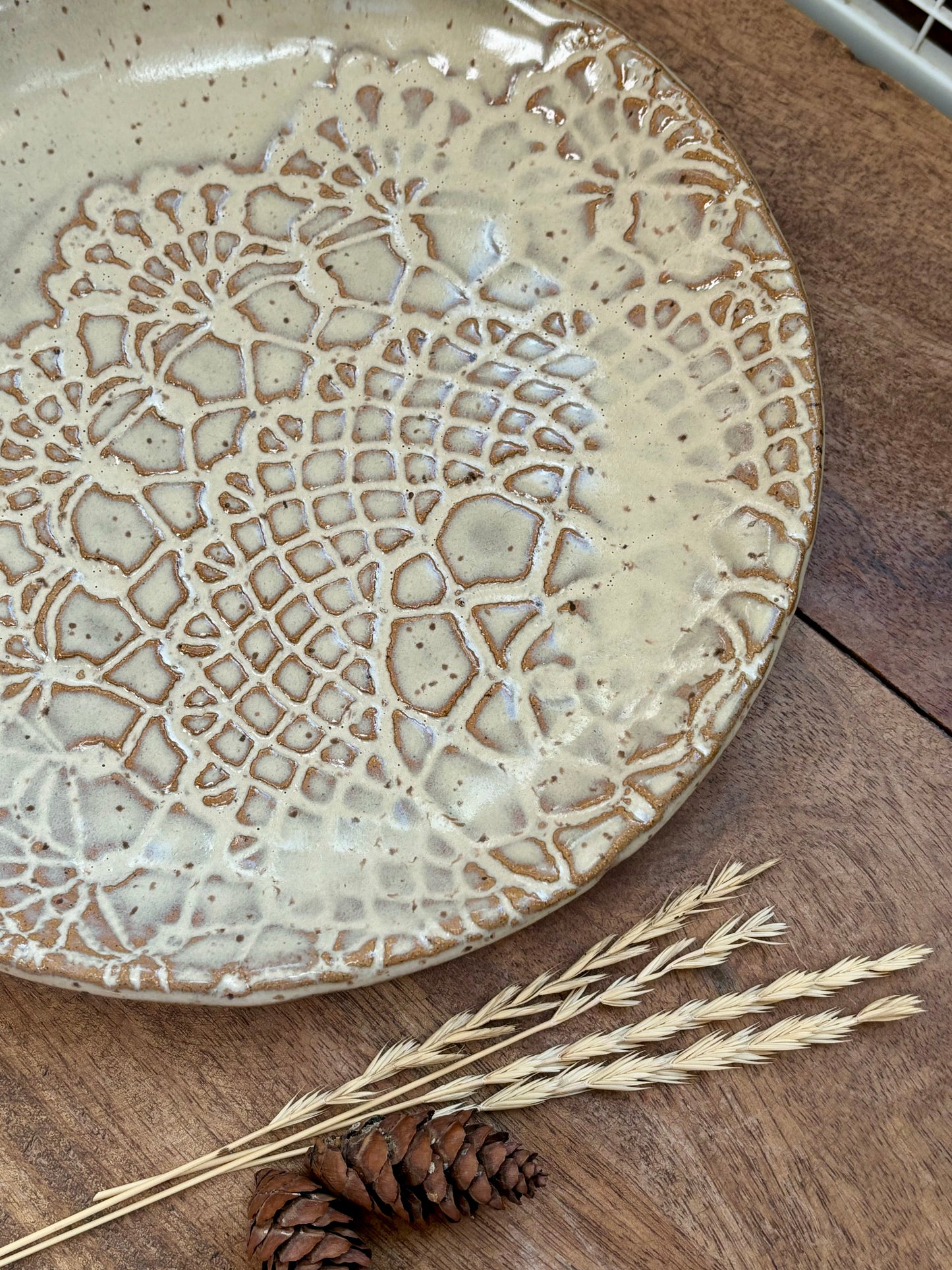 Rustic Antique Doily Dinner Plate ~ 10” ~ Light Birch Brown Glaze