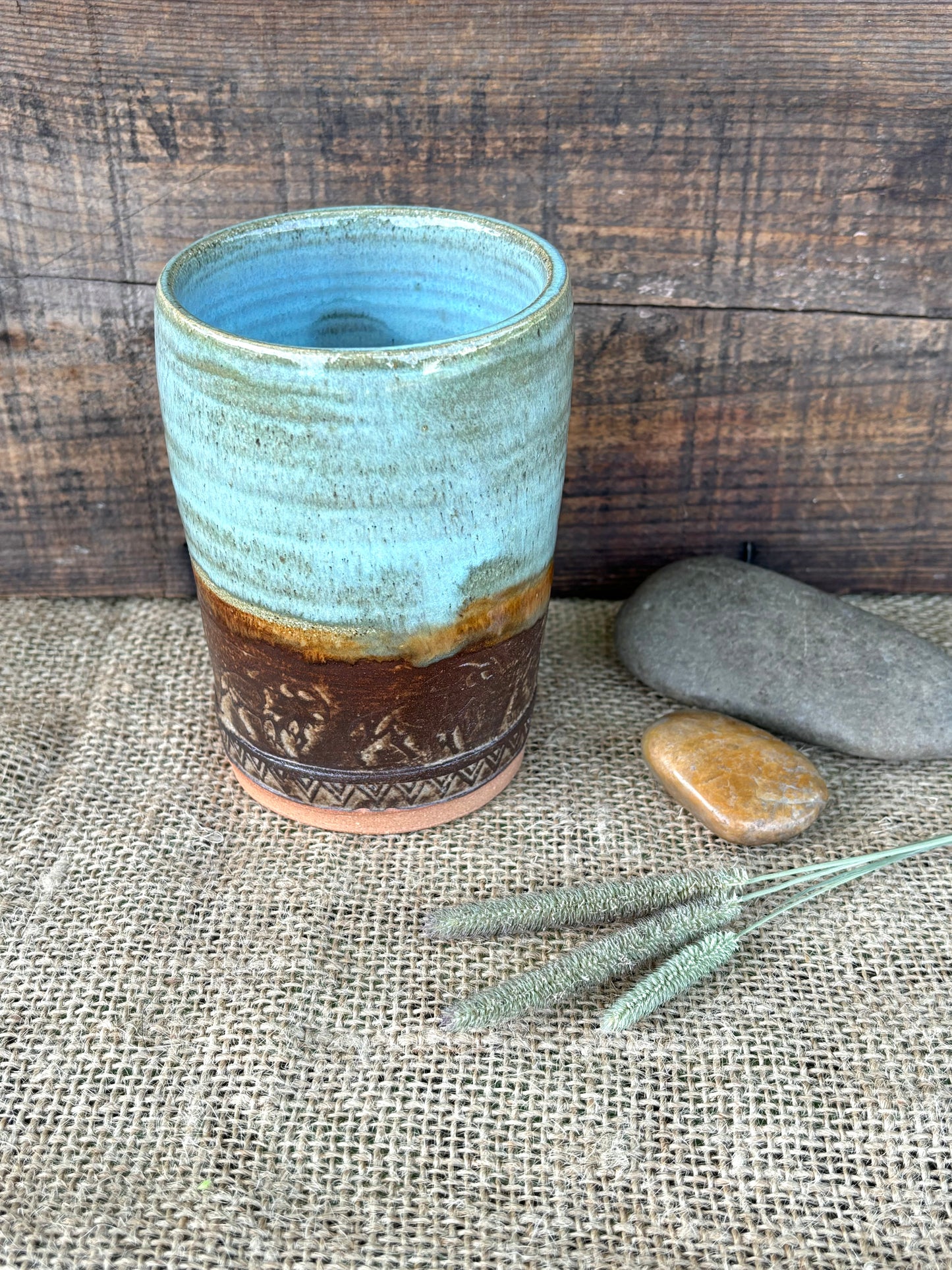 Wild Buffalo Tumbler ~ 8 oz~ Turquoise & Brown Glaze