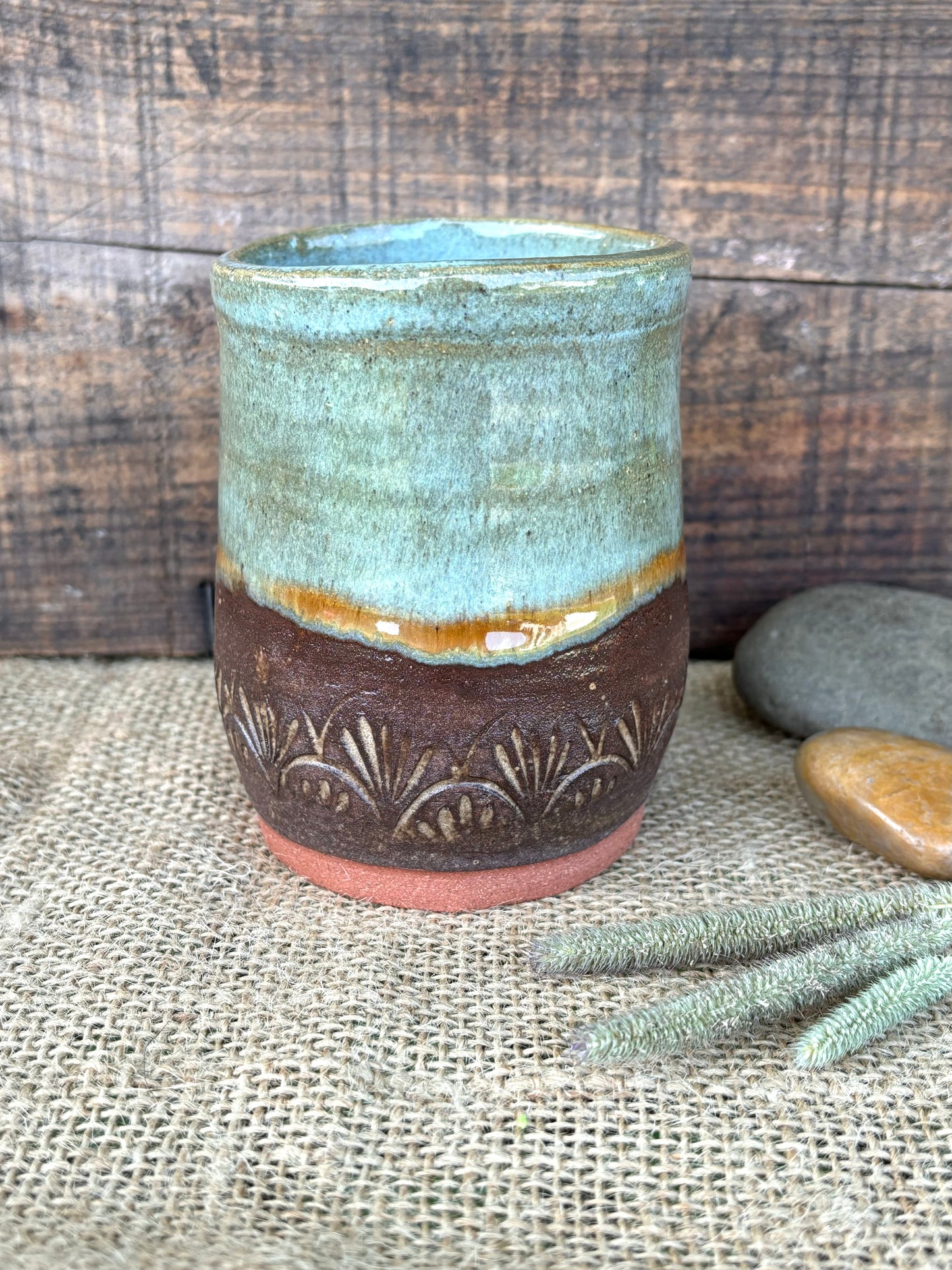 Rustic Arch Basketweave Tumbler ~ 8 oz~ Turquoise & Brown Glaze