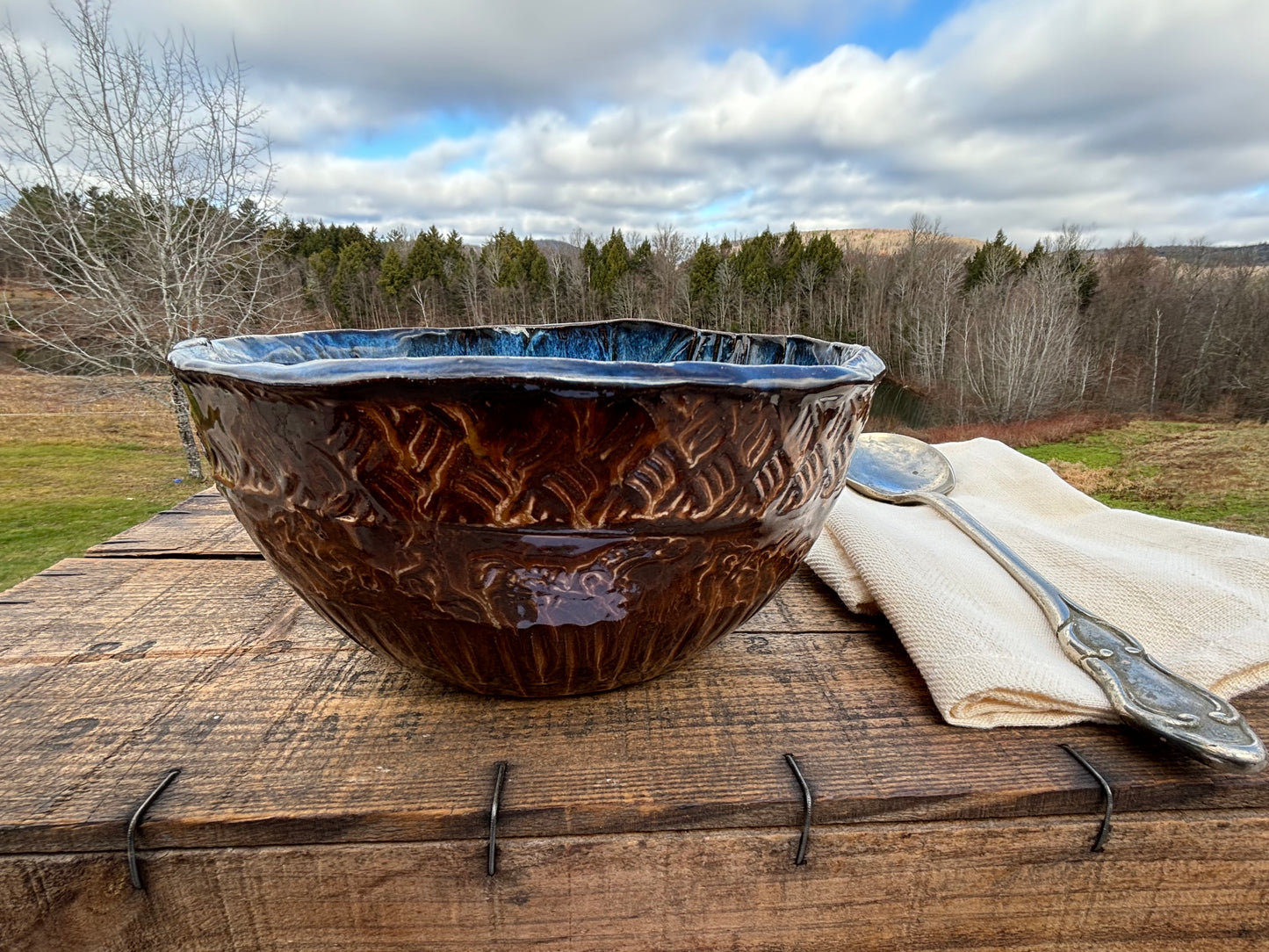 Rustic Wild Mustang Mixing & Serving Bowl ~ 7.5” x 3.75” ~ Blue Drip & Brown