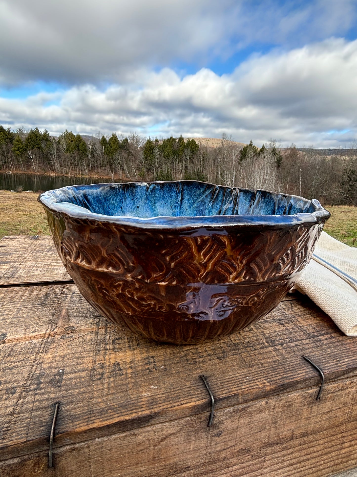 Rustic Wild Mustang Mixing & Serving Bowl ~ 7.5” x 3.75” ~ Blue Drip & Brown