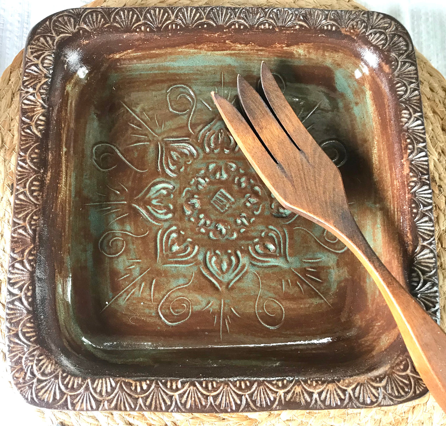 Rustic Square Native Mandala Baking Tray/ Serving Tray ~ 10” Square  ~ 1.25” Depth~ Green & Brown