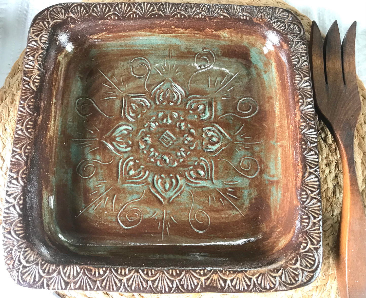 Rustic Square Native Mandala Baking Tray/ Serving Tray ~ 10” Square  ~ 1.25” Depth~ Green & Brown