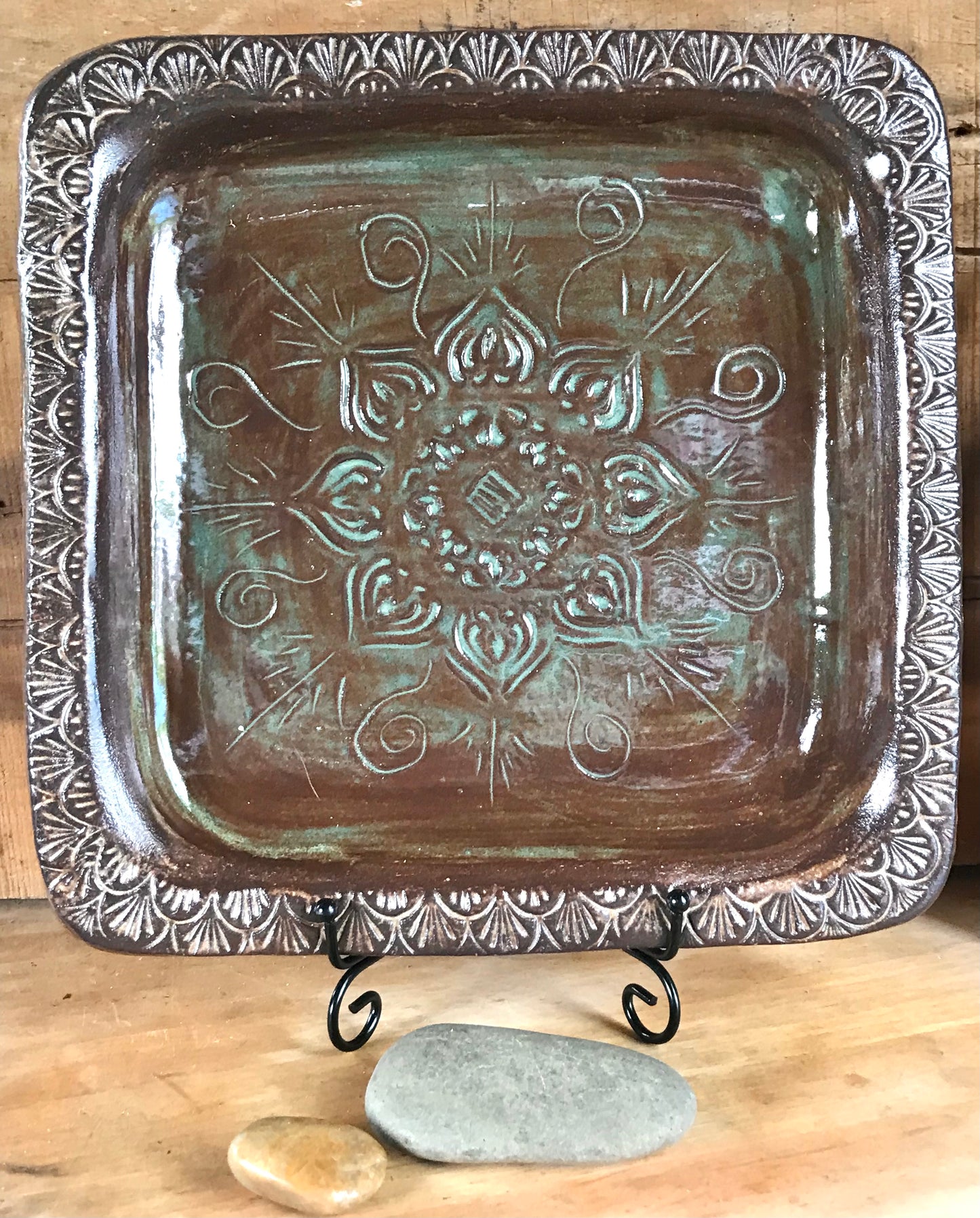 Rustic Square Native Mandala Baking Tray/ Serving Tray ~ 10” Square  ~ 1.25” Depth~ Green & Brown