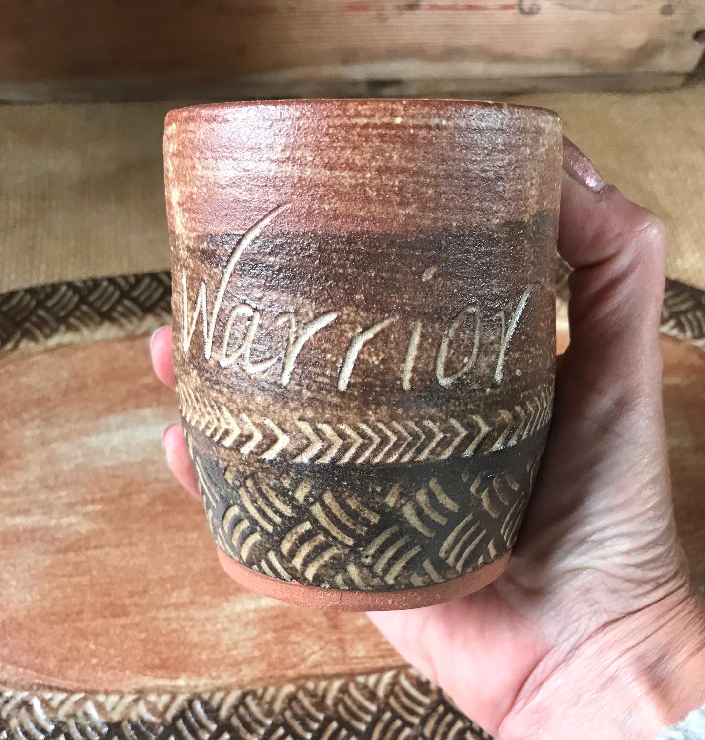 Rustic Warrior Strength Tumbler ~ 8 oz~ Sand & Brown Glaze