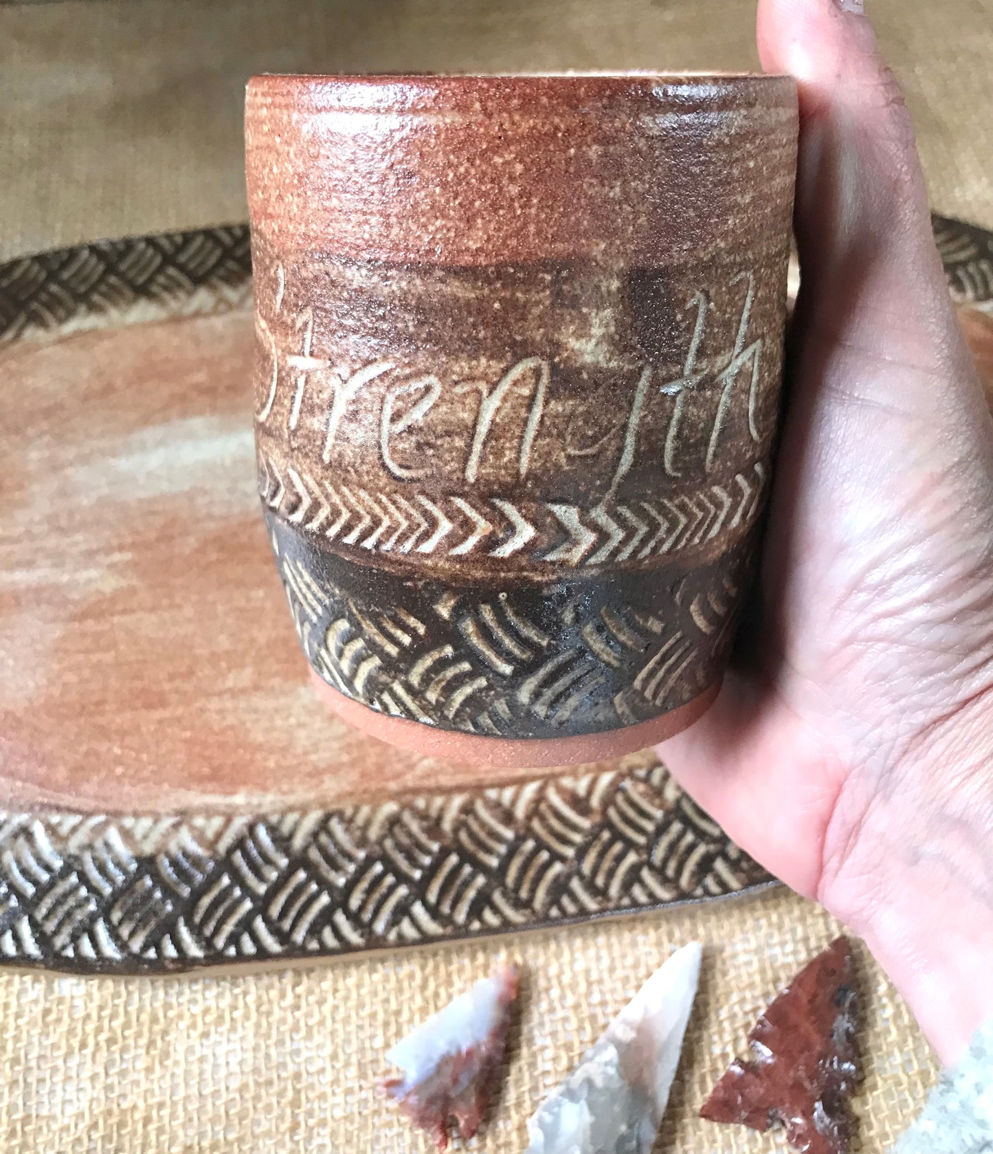 Rustic Warrior Strength Tumbler ~ 8 oz~ Sand & Brown Glaze