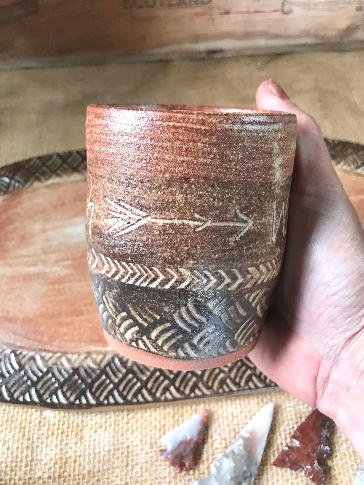 Rustic Warrior Strength Tumbler ~ 8 oz~ Sand & Brown Glaze