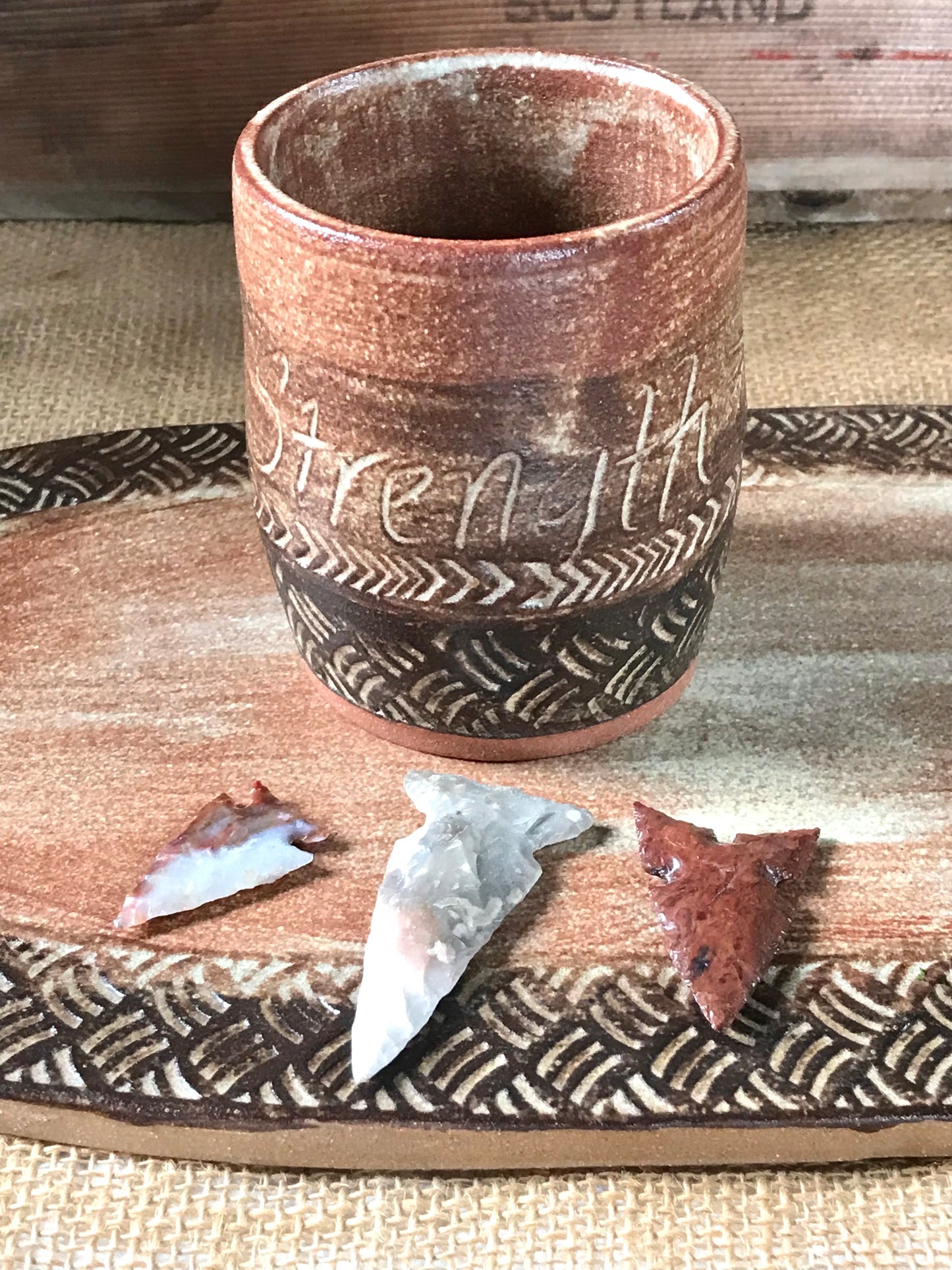 Rustic Warrior Strength Tumbler ~ 8 oz~ Sand & Brown Glaze