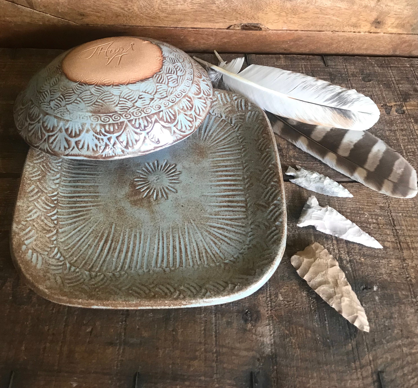 Limited Edition Rustic Basketweave Lunch Set ~ Salad Plate & Bowl ~ Dusty Blue Glaze