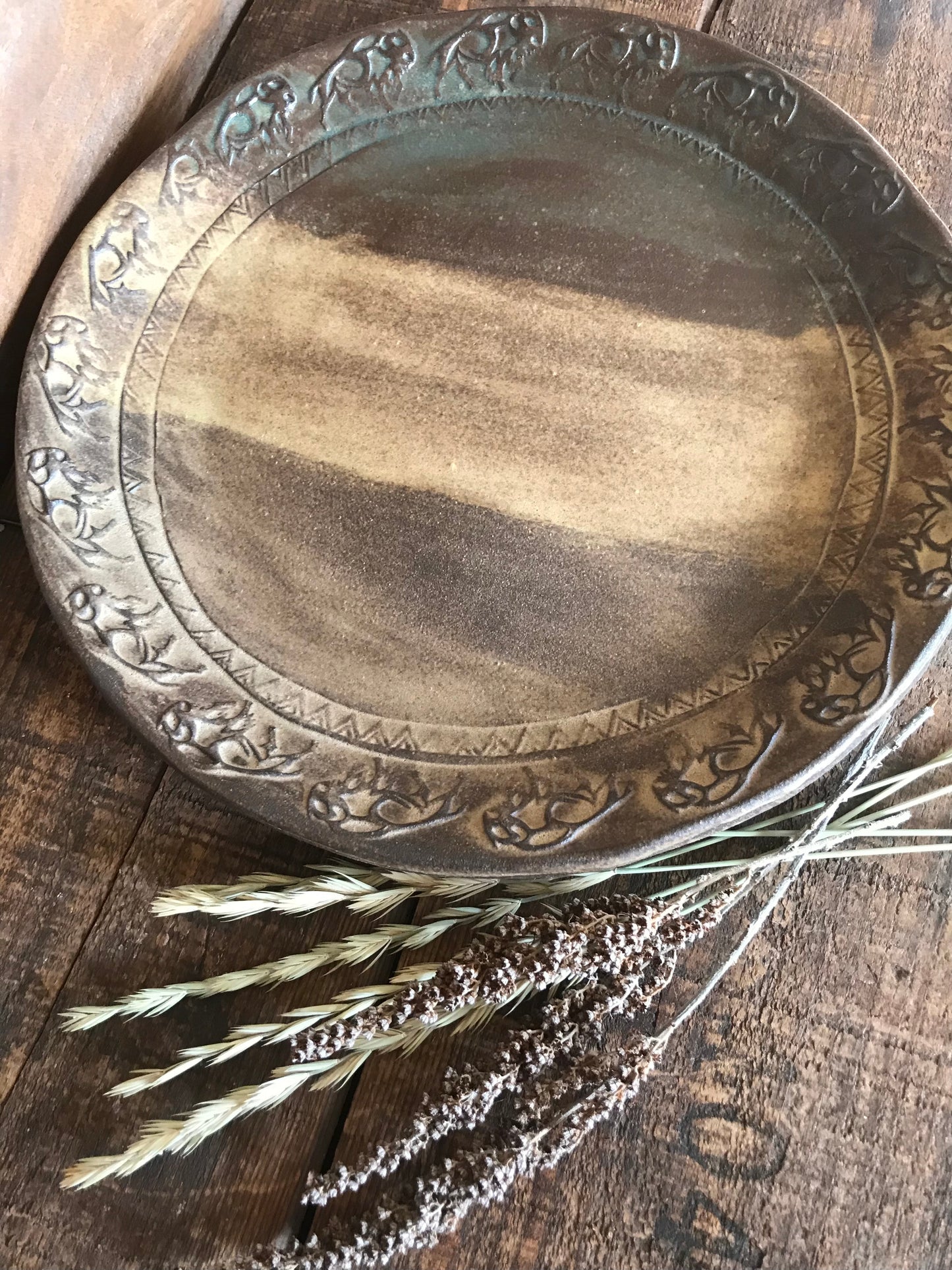 Rustic Wild Buffalo Dinner Plate ~ 10” ~ Green & Brown Glaze