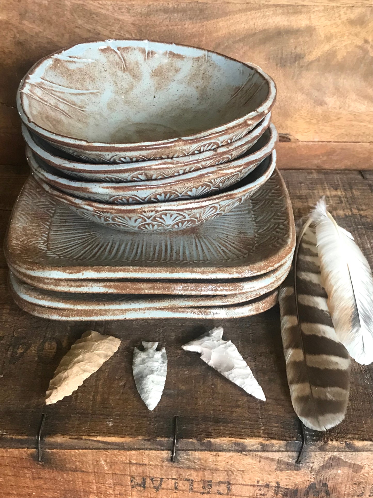 Limited Edition Rustic Basketweave Lunch Set ~ Salad Plate & Bowl ~ Dusty Blue Glaze