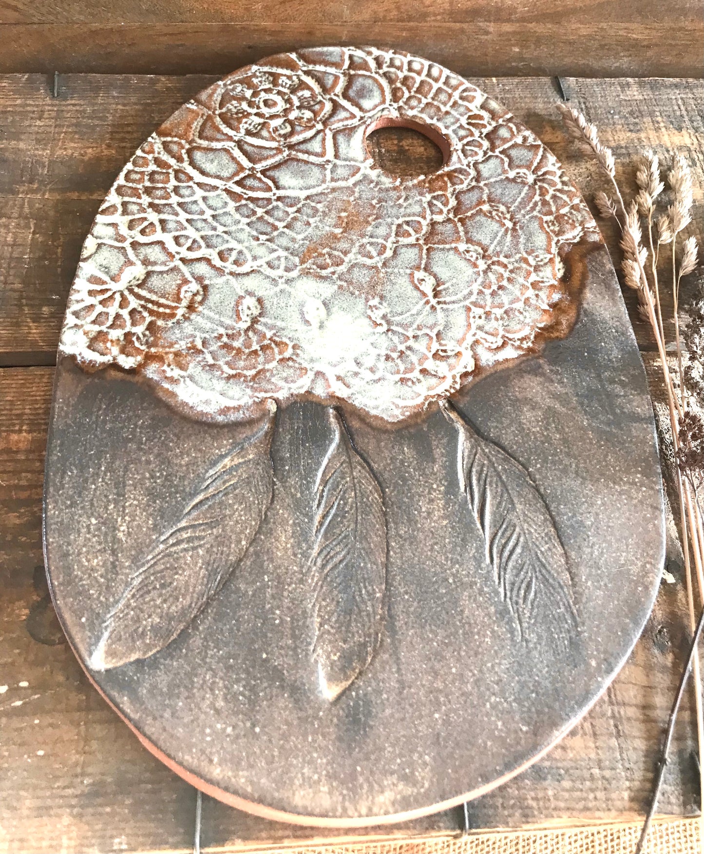 Rustic Wild Feathers and Doily Cheeseboard  ~ Cutting Board