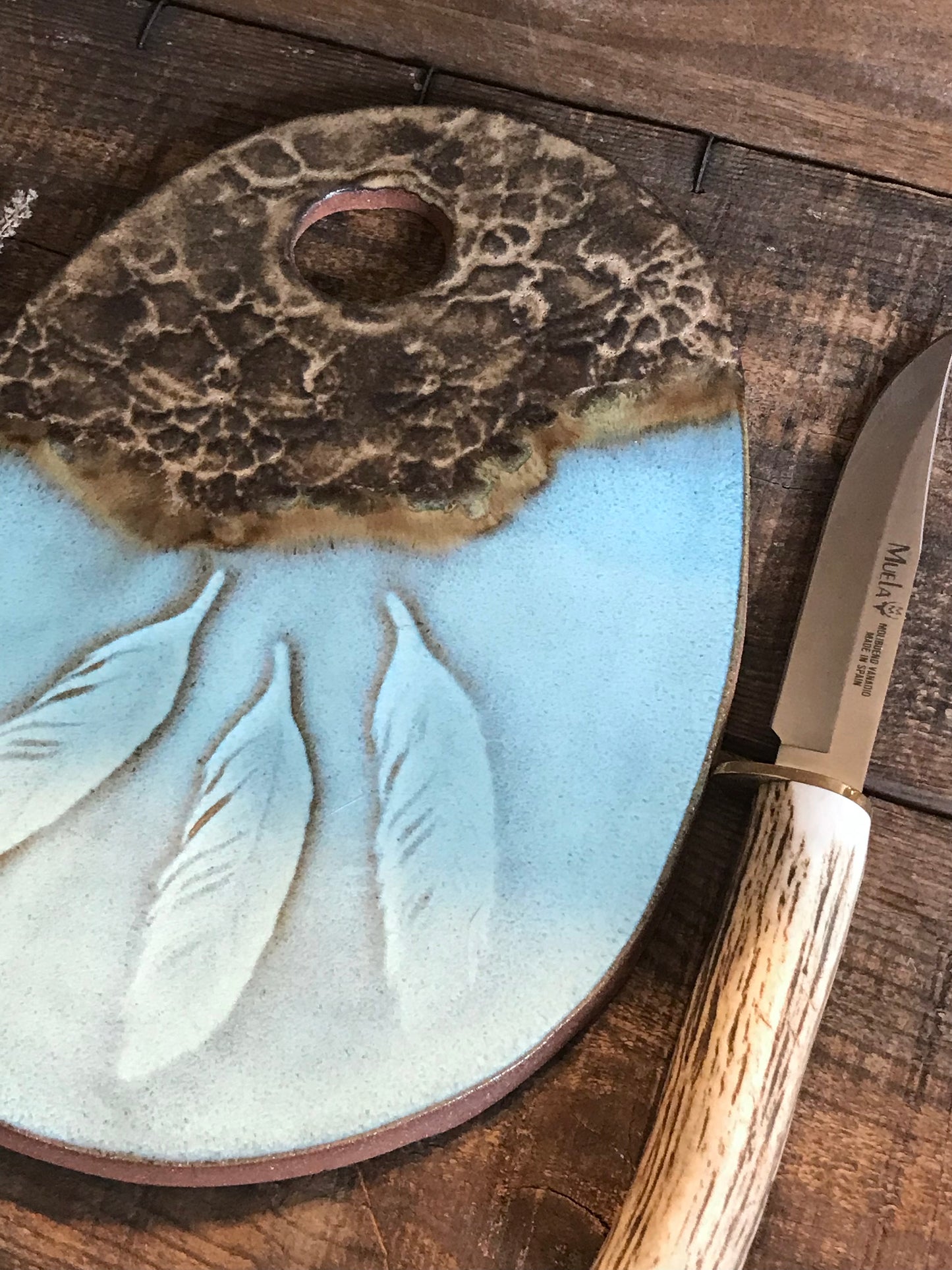 Rustic Wild Feathers and Doily Cheeseboard  ~ Cutting Board ~ Turquoise