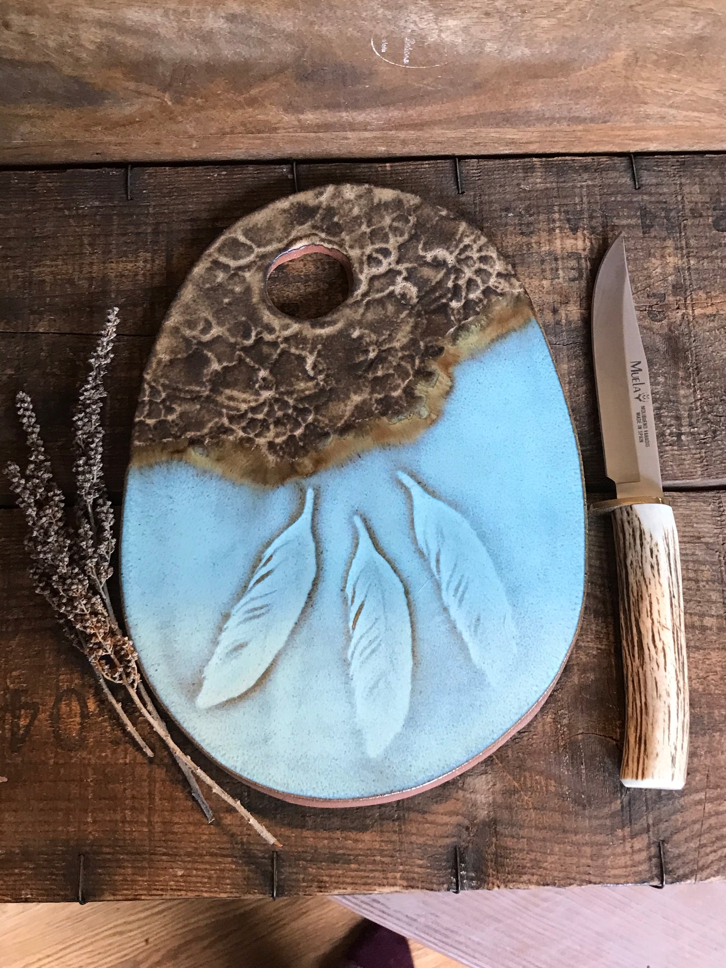 Rustic Wild Feathers and Doily Cheeseboard  ~ Cutting Board ~ Turquoise