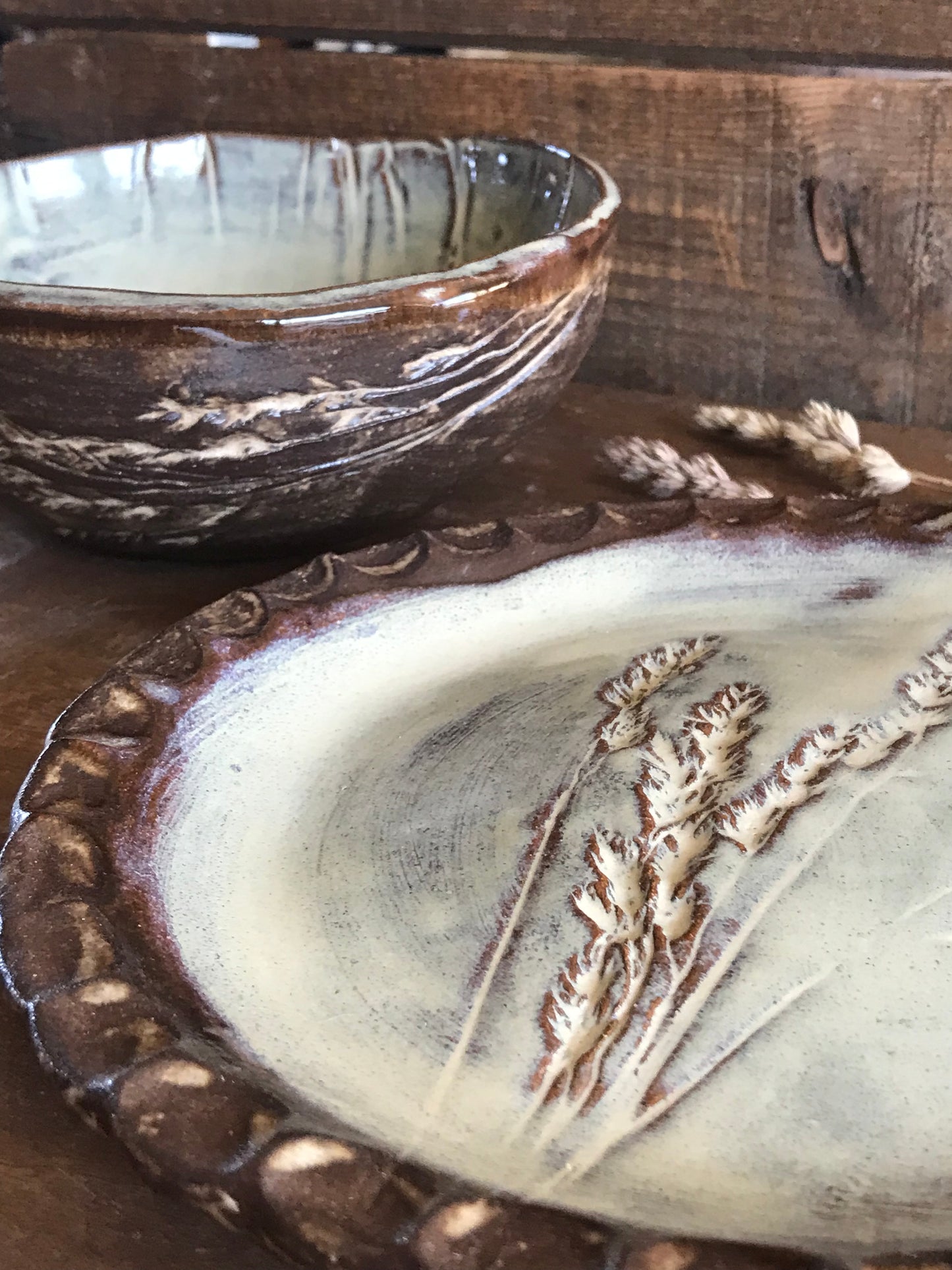 Rustic Wild Grasses Lunch Set ~ Salad Plate & Bowl ~ Birch Glaze