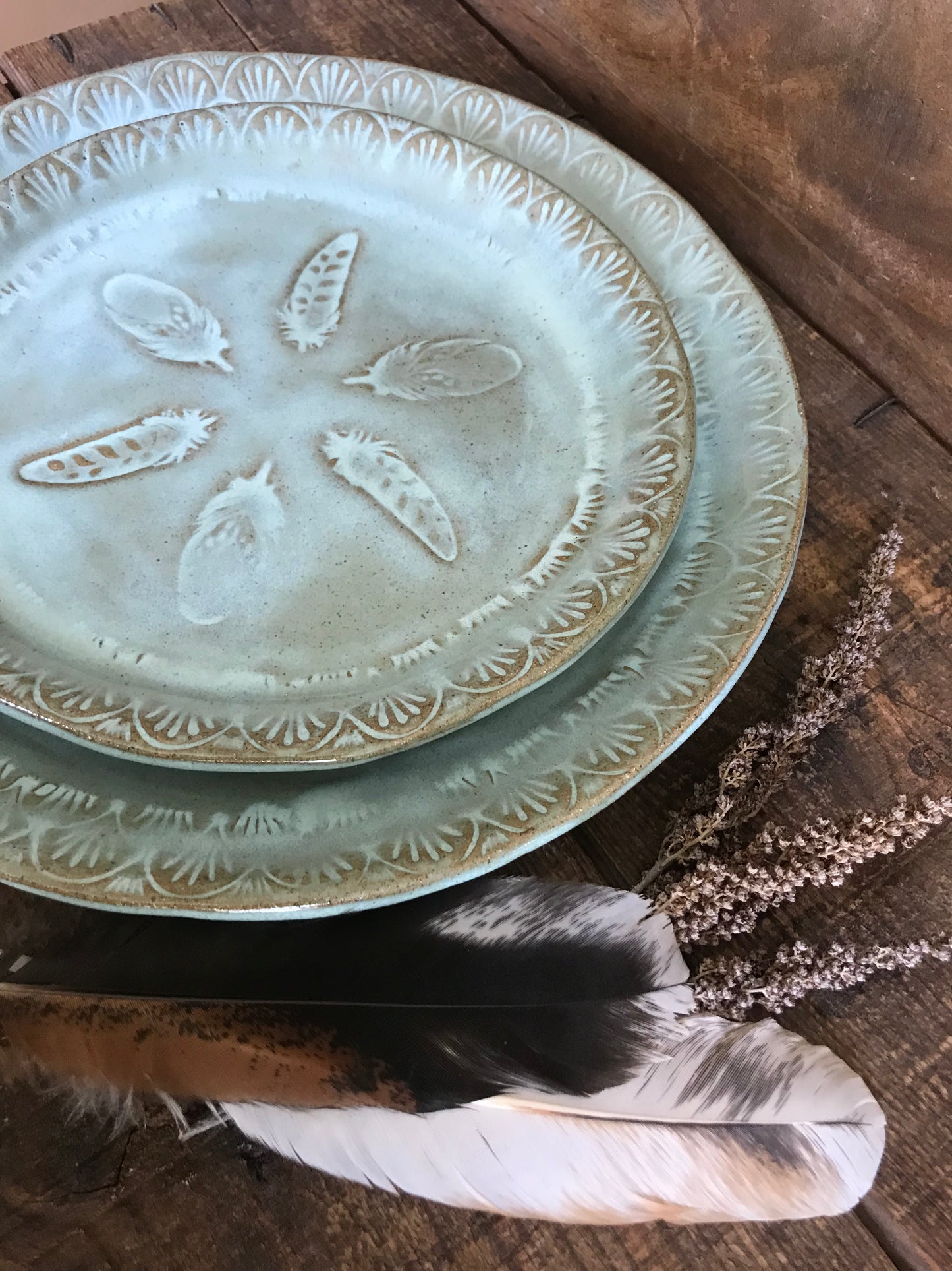 Rustic Wild Feathers Dinner Plate & Salad Plate ~ 10”  ~ Turquoise Glaze