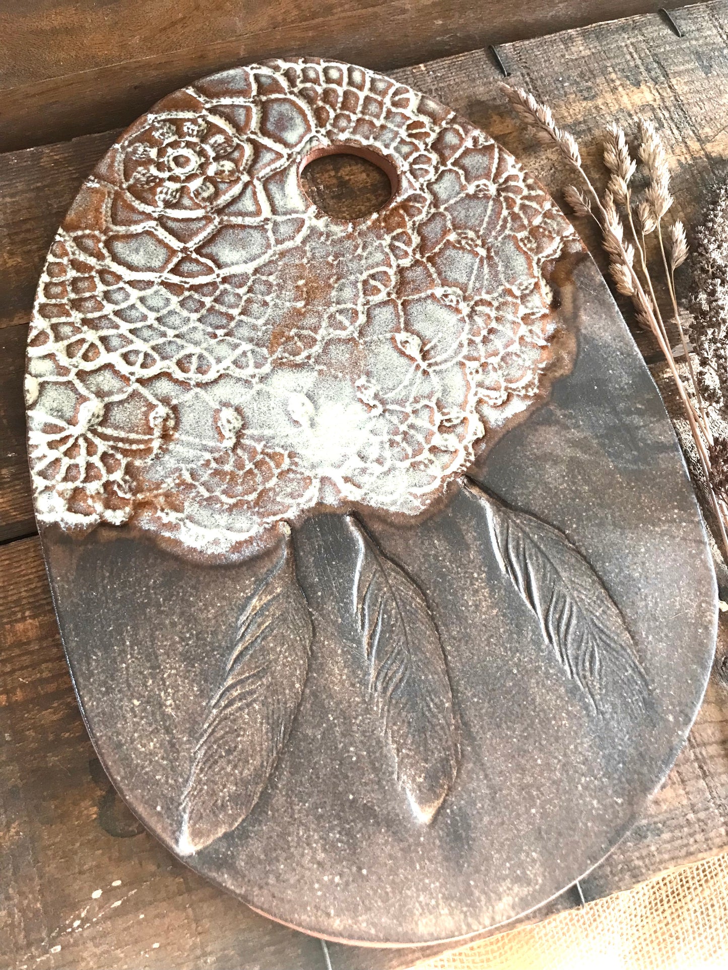 Rustic Wild Feathers and Doily Cheeseboard  ~ Cutting Board