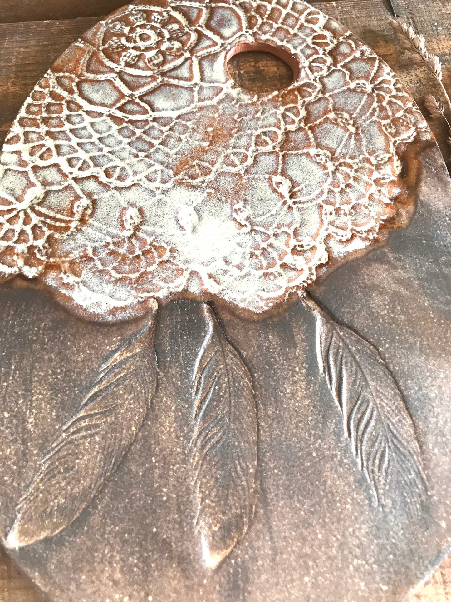 Rustic Wild Feathers and Doily Cheeseboard  ~ Cutting Board