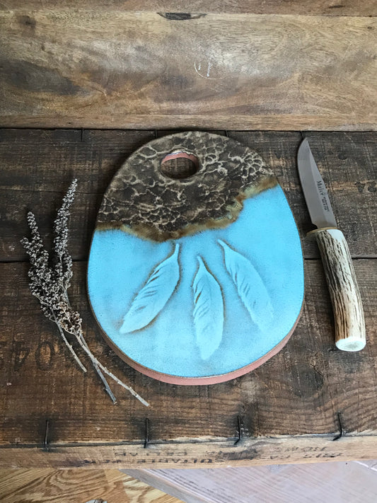 Rustic Wild Feathers and Doily Cheeseboard  ~ Cutting Board ~ Turquoise