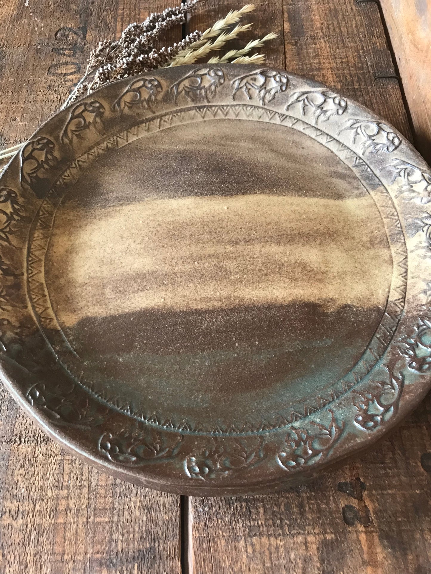 Rustic Wild Buffalo Dinner Plate ~ 10” ~ Green & Brown Glaze