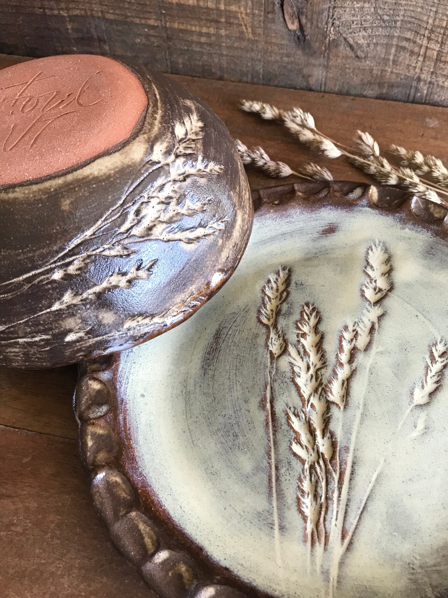 Rustic Wild Grasses Lunch Set ~ Salad Plate & Bowl ~ Birch Glaze