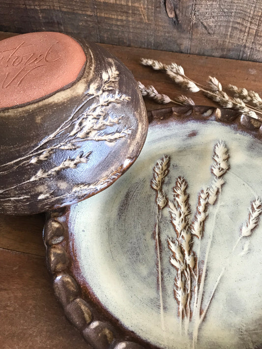 Rustic Wild Grasses Lunch Set ~ Salad Plate & Bowl ~ Birch Glaze