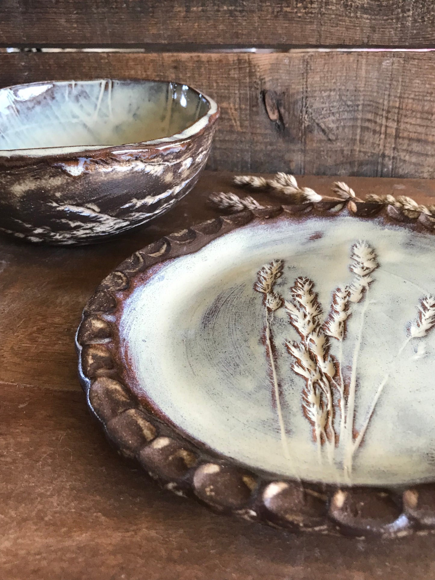 Rustic Wild Grasses Lunch Set ~ Salad Plate & Bowl ~ Birch Glaze