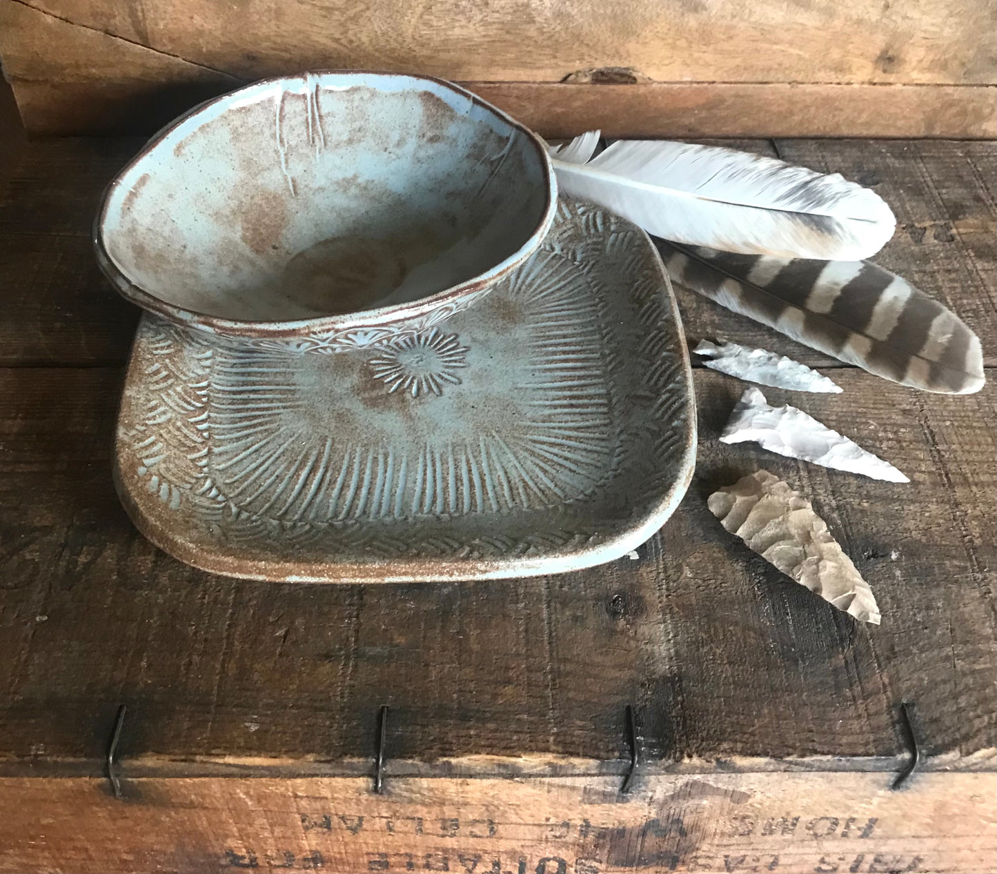 Limited Edition Rustic Basketweave Lunch Set ~ Salad Plate & Bowl ~ Dusty Blue Glaze