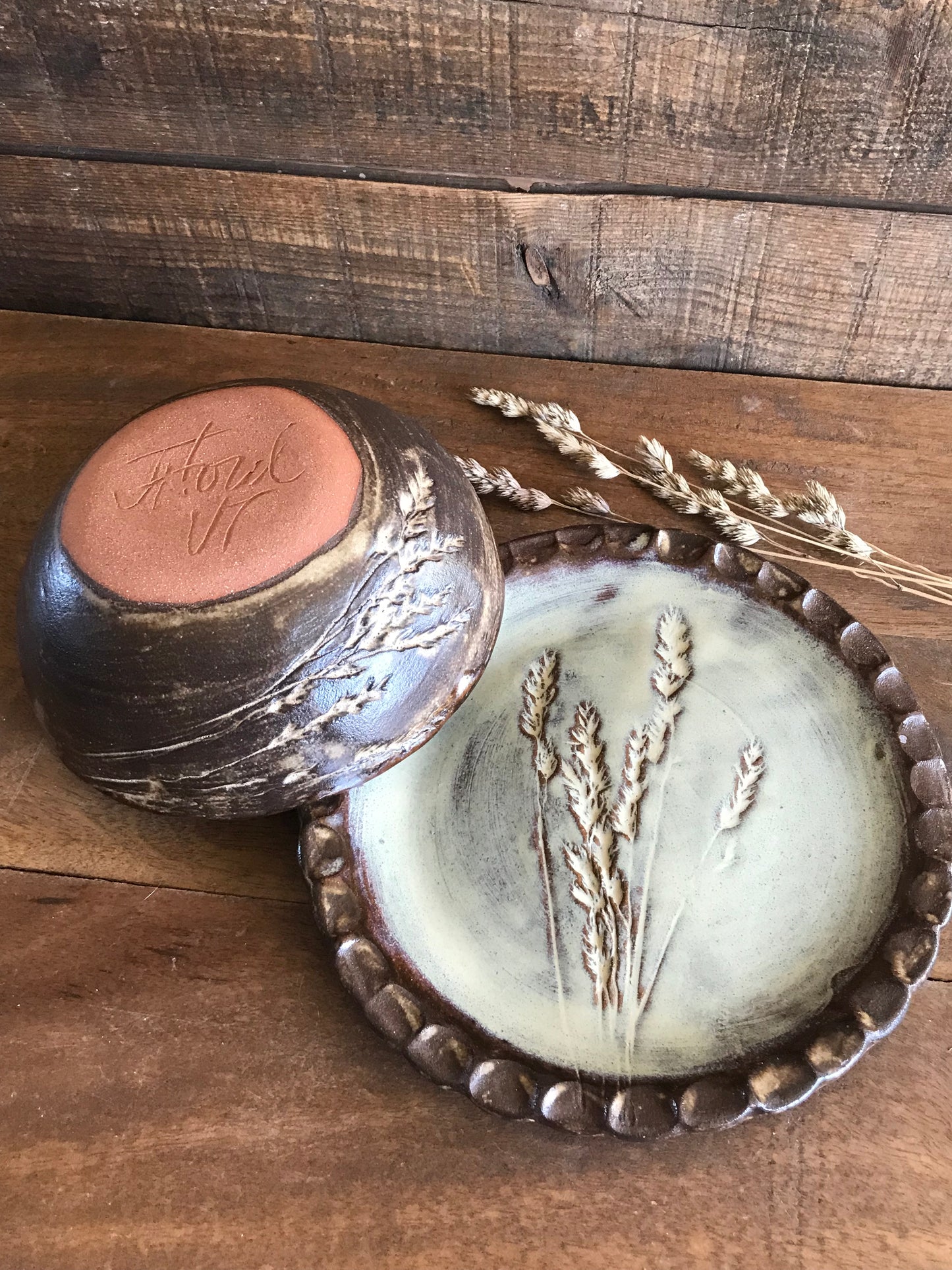 Rustic Wild Grasses Lunch Set ~ Salad Plate & Bowl ~ Birch Glaze