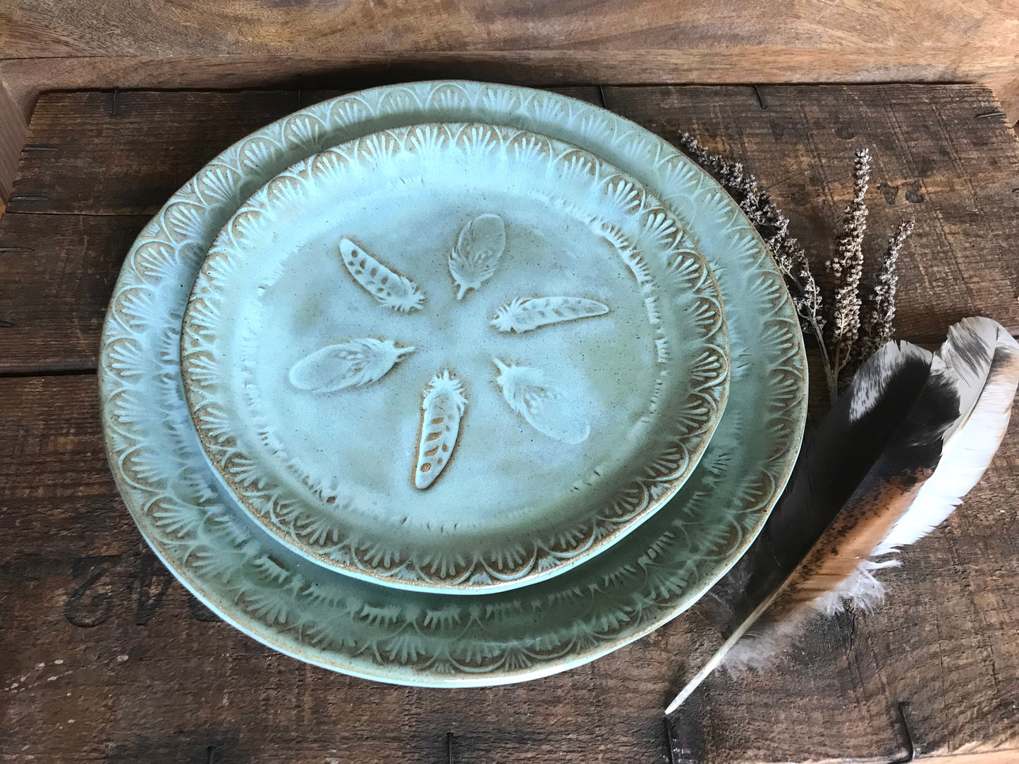 Rustic Wild Feathers Dinner Plate & Salad Plate ~ 10”  ~ Turquoise Glaze