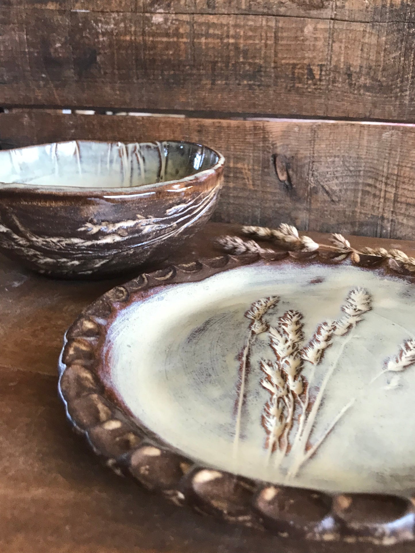 Rustic Wild Grasses Lunch Set ~ Salad Plate & Bowl ~ Birch Glaze