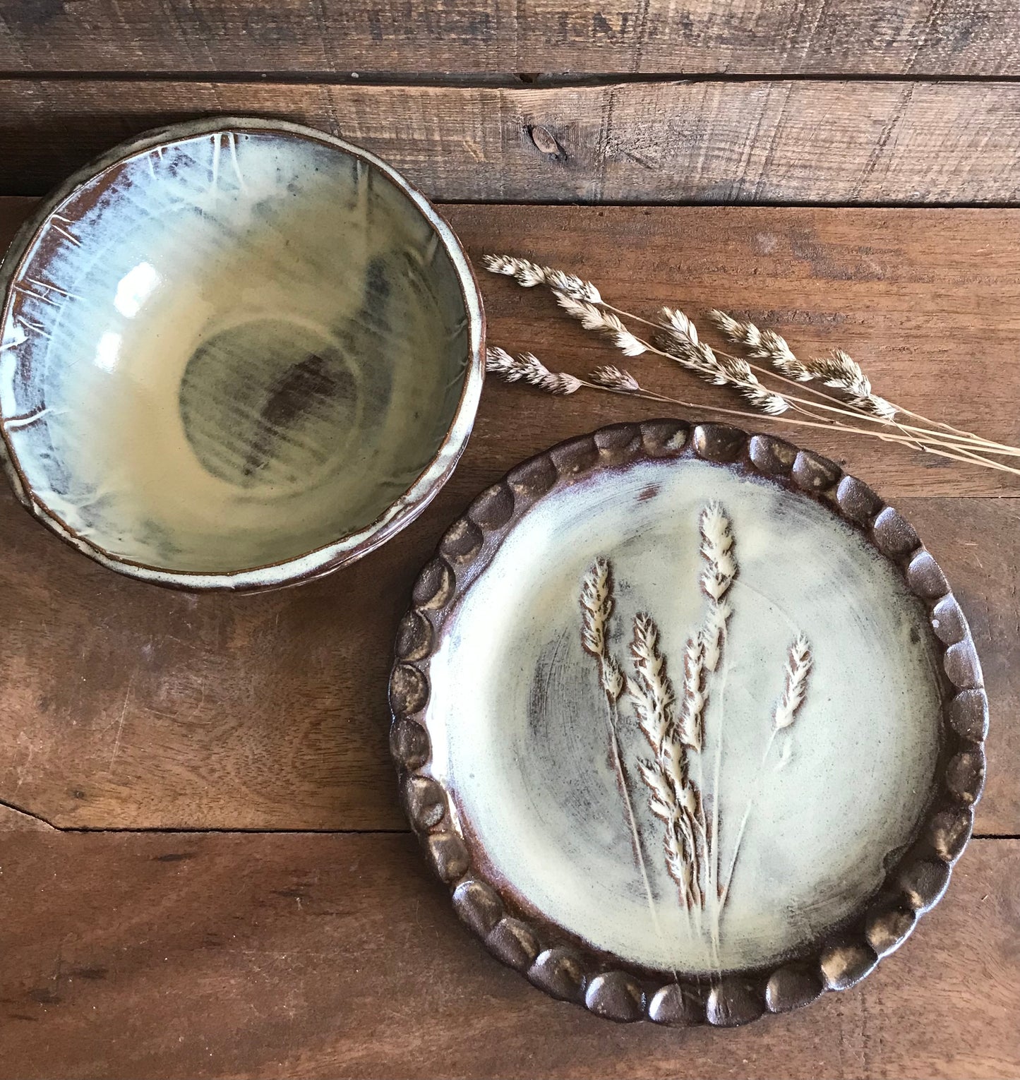 Rustic Wild Grasses Lunch Set ~ Salad Plate & Bowl ~ Birch Glaze