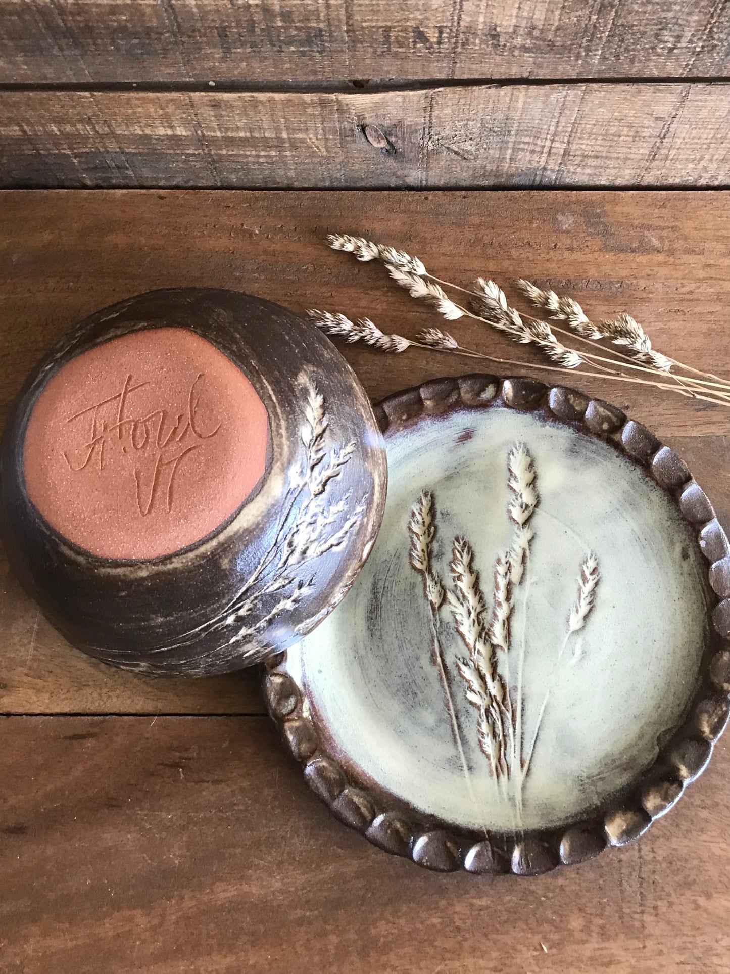 Rustic Wild Grasses Lunch Set ~ Salad Plate & Bowl ~ Birch Glaze