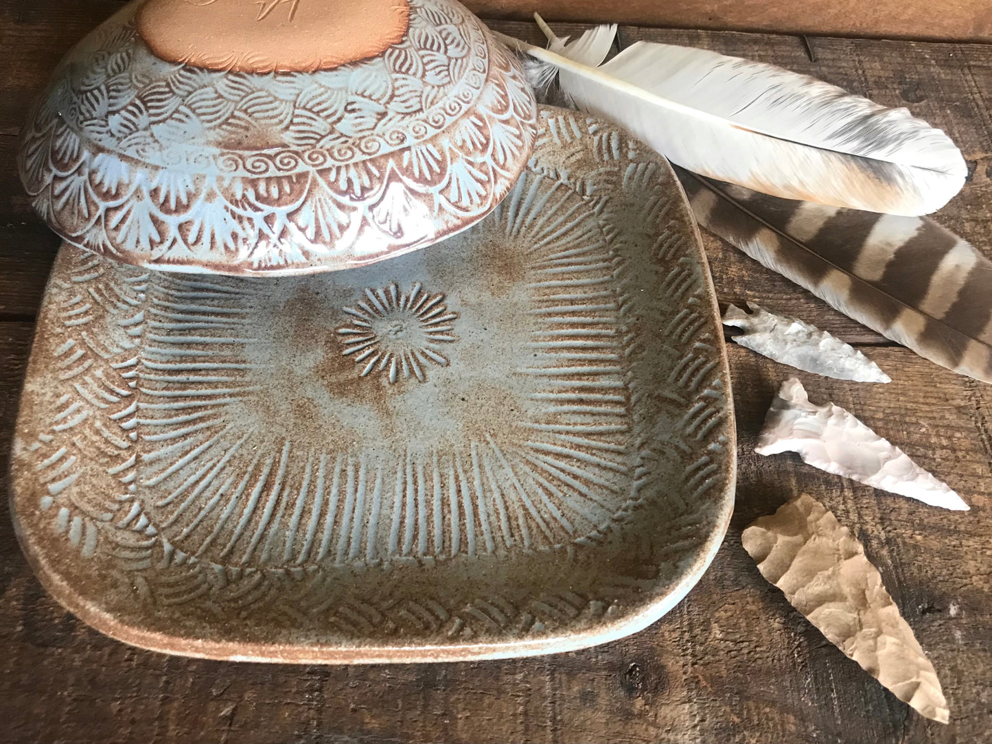 Limited Edition Rustic Basketweave Lunch Set ~ Salad Plate & Bowl ~ Dusty Blue Glaze