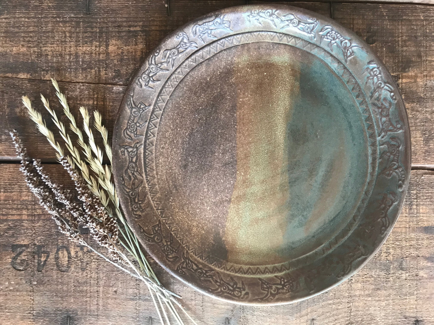 Rustic Wild Mustang Dinnerware Set ~ Dinner & Salad Plate & Bowl ~ Green & Brown Glaze