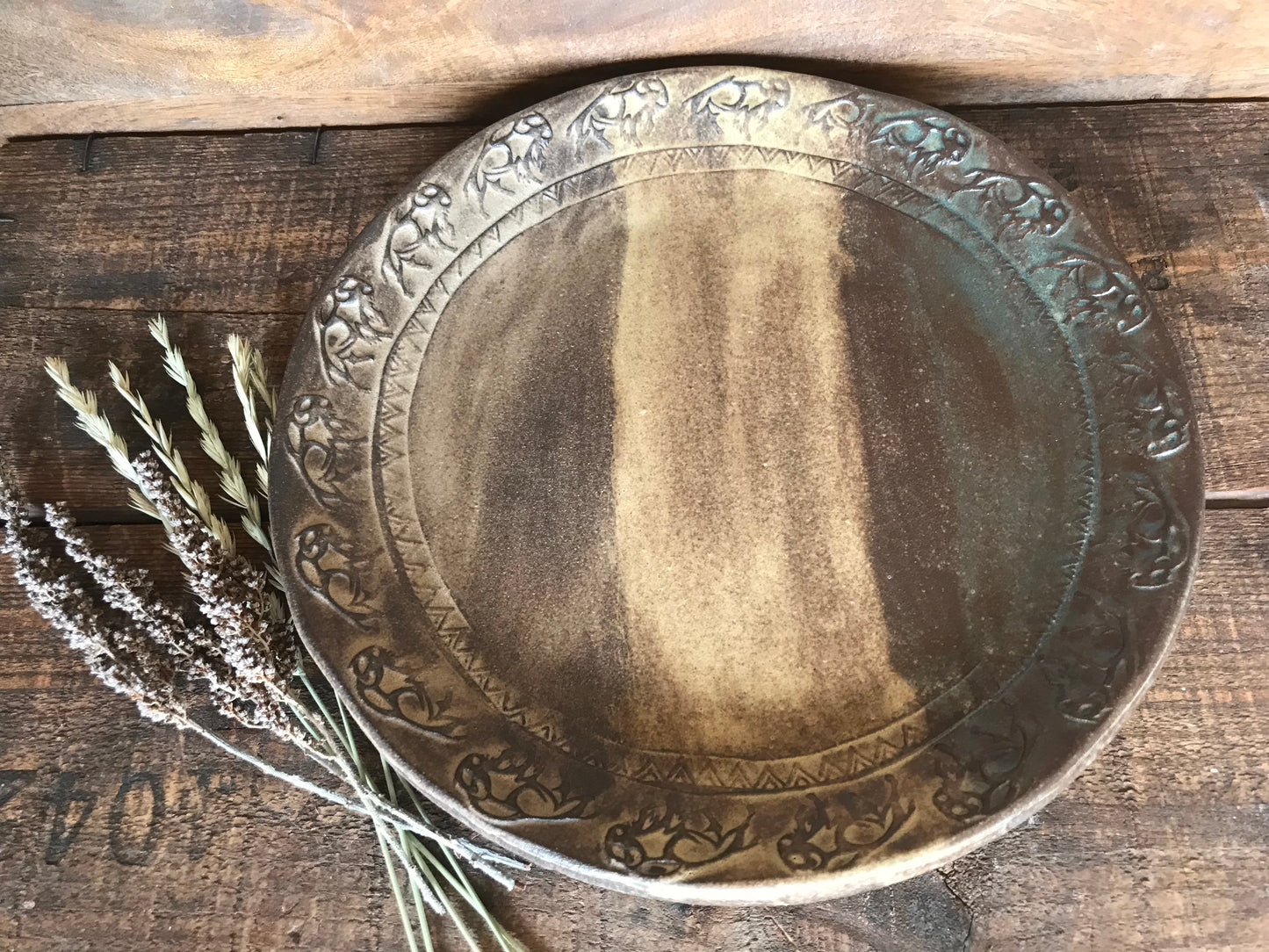 Rustic Wild Buffalo Dinner Plate ~ 10” ~ Green & Brown Glaze