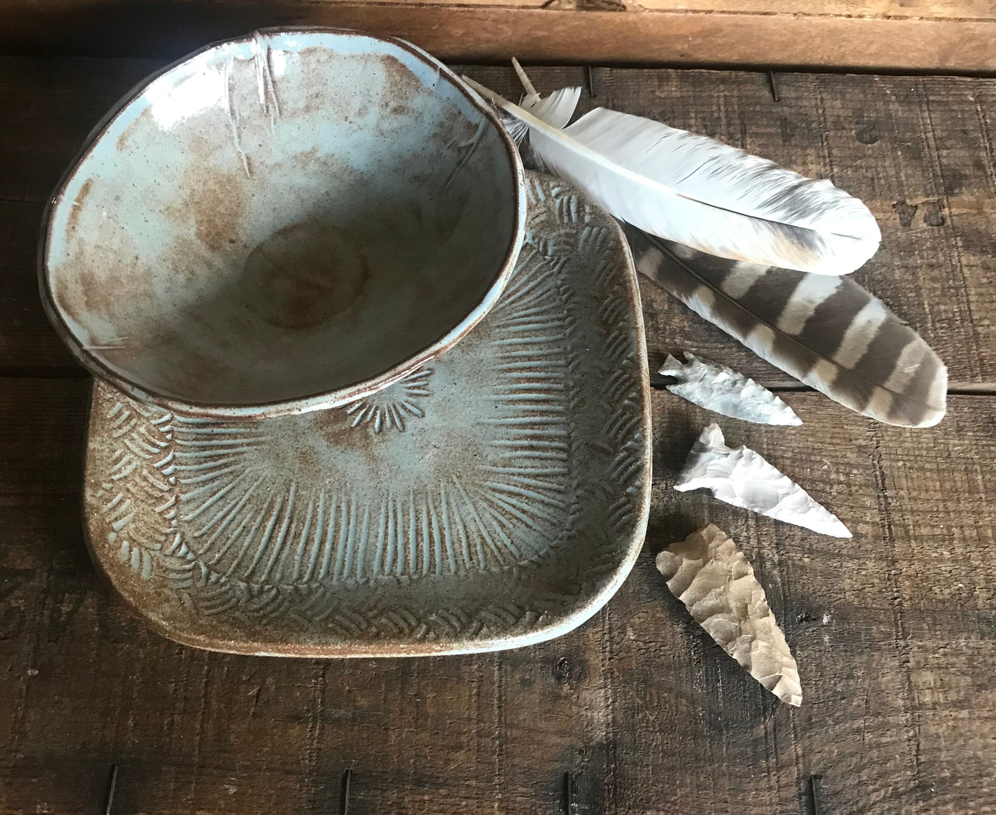 Limited Edition Rustic Basketweave Lunch Set ~ Salad Plate & Bowl ~ Dusty Blue Glaze