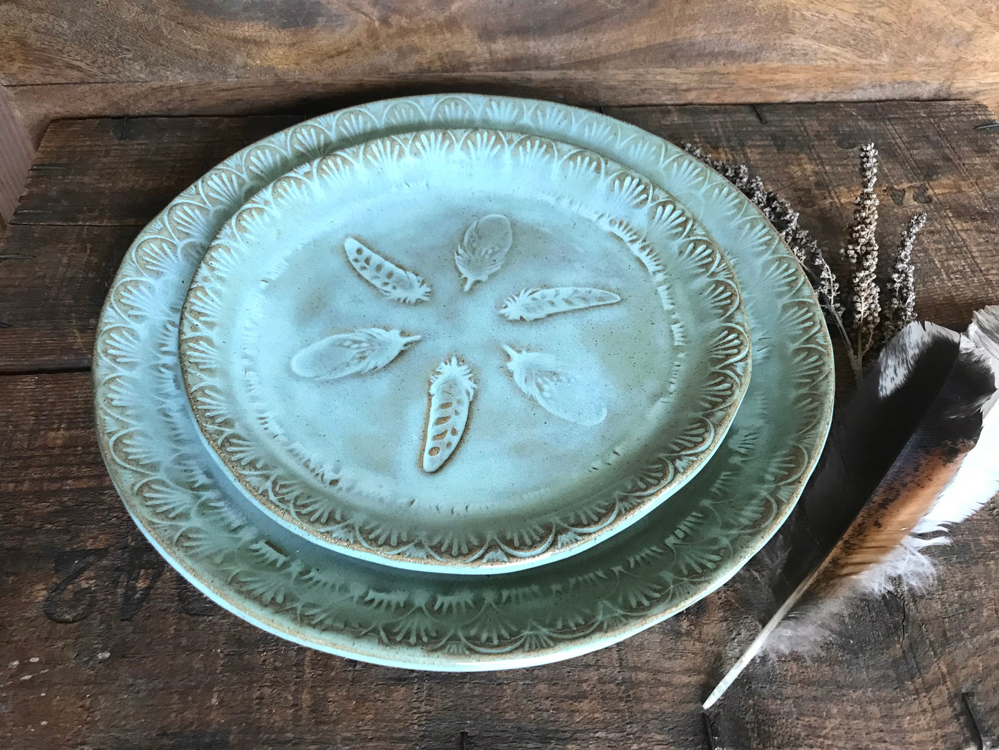 Rustic Wild Feathers Dinner Plate & Salad Plate ~ 10”  ~ Turquoise Glaze