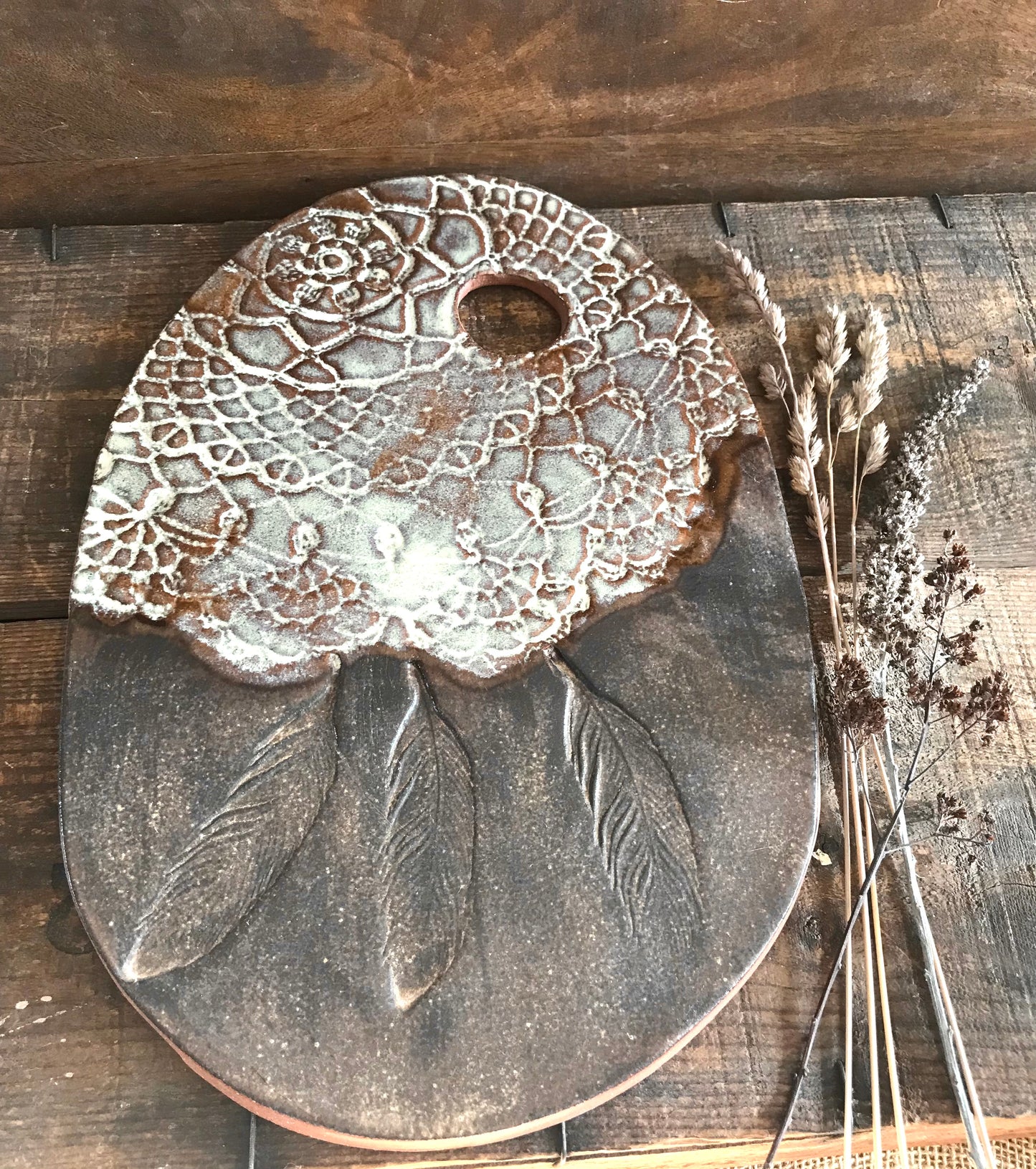 Rustic Wild Feathers and Doily Cheeseboard  ~ Cutting Board