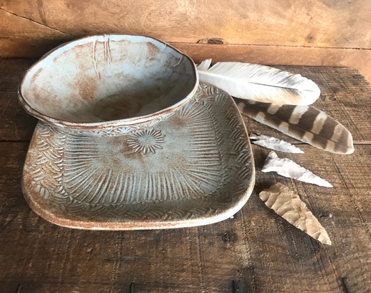 Limited Edition Rustic Basketweave Lunch Set ~ Salad Plate & Bowl ~ Dusty Blue Glaze