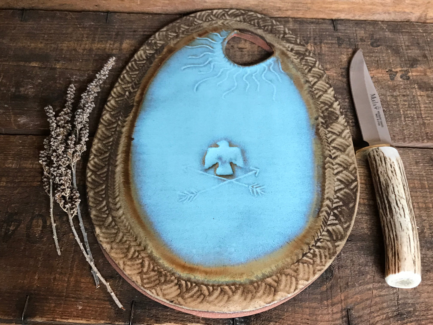 Rustic Thunderbird Cheese Platter ~ Cutting Board ~ Turquoise & Brown