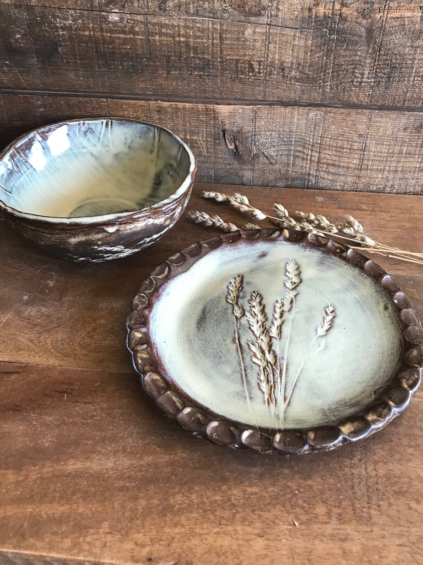 Rustic Wild Grasses Lunch Set ~ Salad Plate & Bowl ~ Birch Glaze