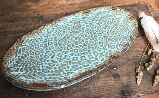 Rustic Oval Crochet Doily Serving Platter  ~ Turquoise & Brown ~ Appetizers & Cheese